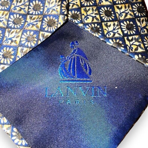 Lanvin Navy & Gold Flower Checkerboard Handmade 100% Silk Tie - Picture 5 of 6
